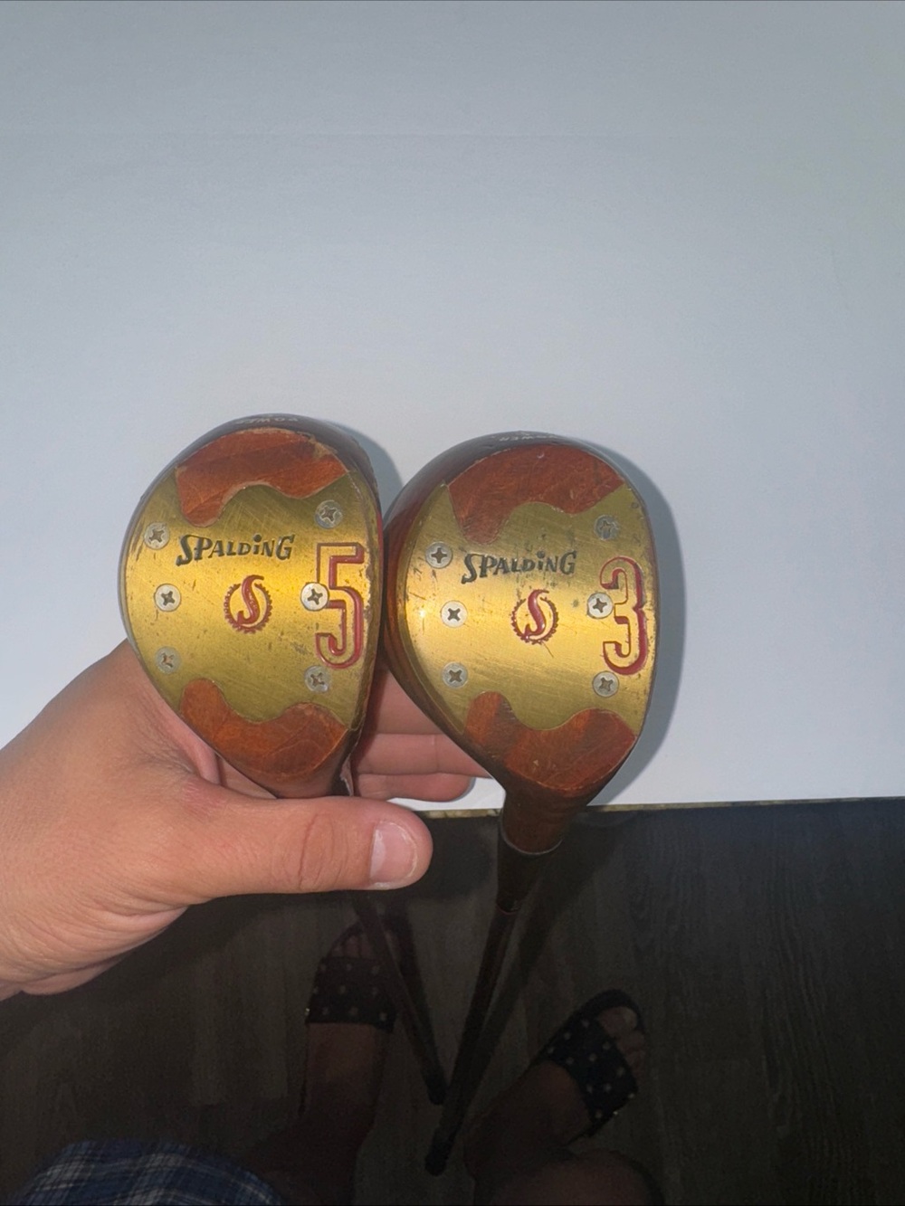 Spalding Gold and Brown Numbered Wood Golf Clubs - 3 & 5